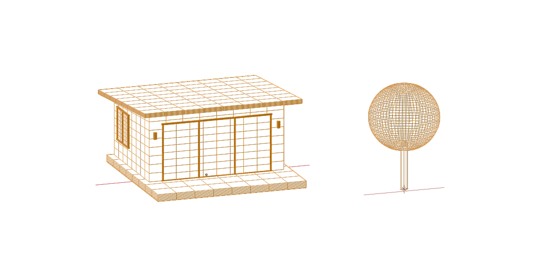 Wireframe of a lodge and a tree before decimation: the lodge is covered in a dense grid of polygons and the tree is a dense mesh sphere on a trunk.