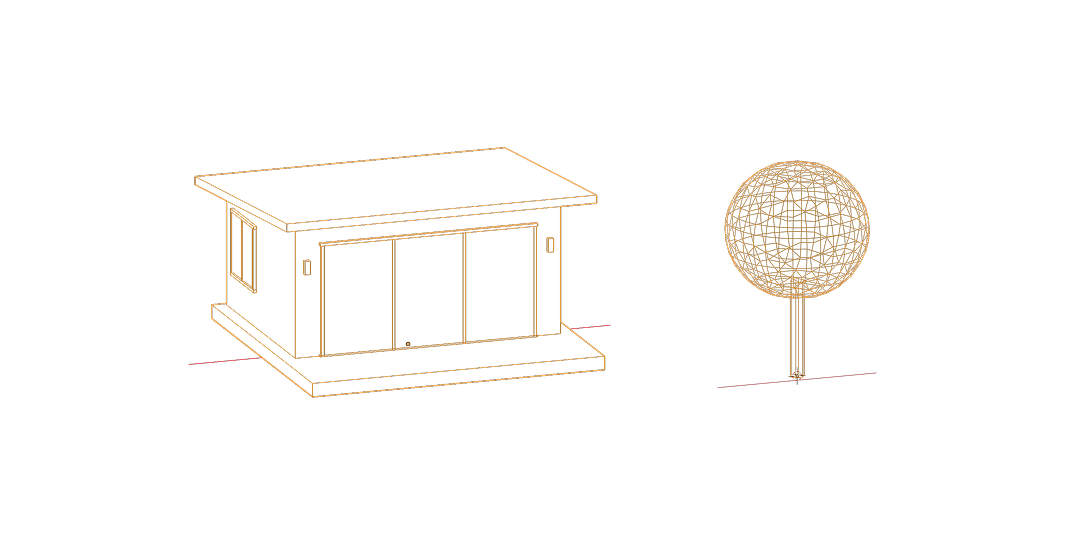Wireframe of the same lodge and tree after decimation: the lodge is reduced to a few large faces and the tree has a lighter mesh.