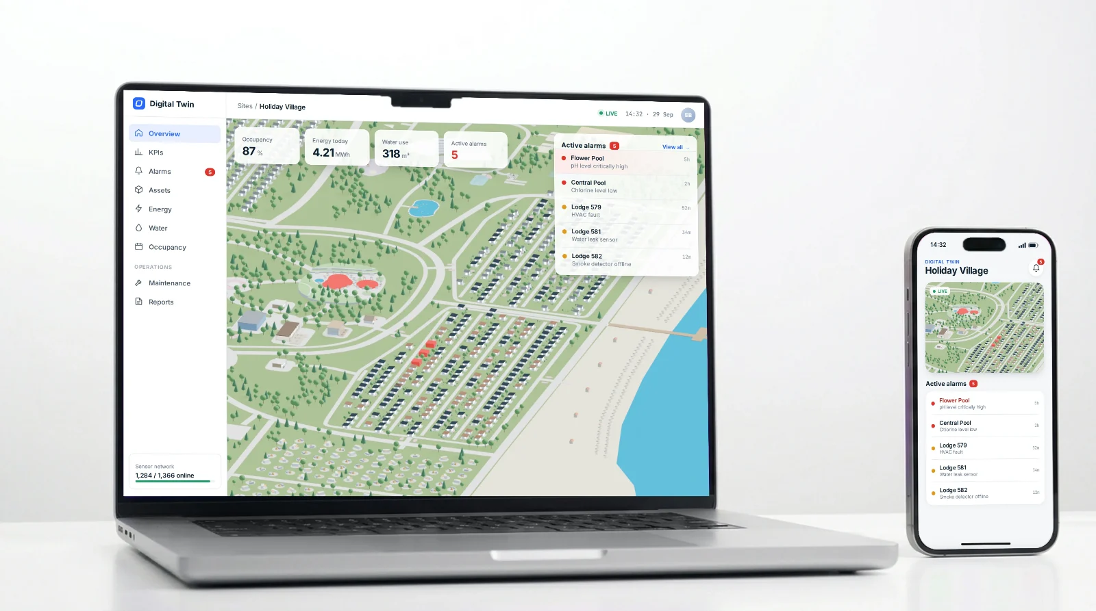 The Digital Twin dashboard on a laptop and its mobile view on a phone, showing the holiday village map and active alarms