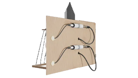 3D render of the underside of the resonant top, with the piezo microphones and their preamps