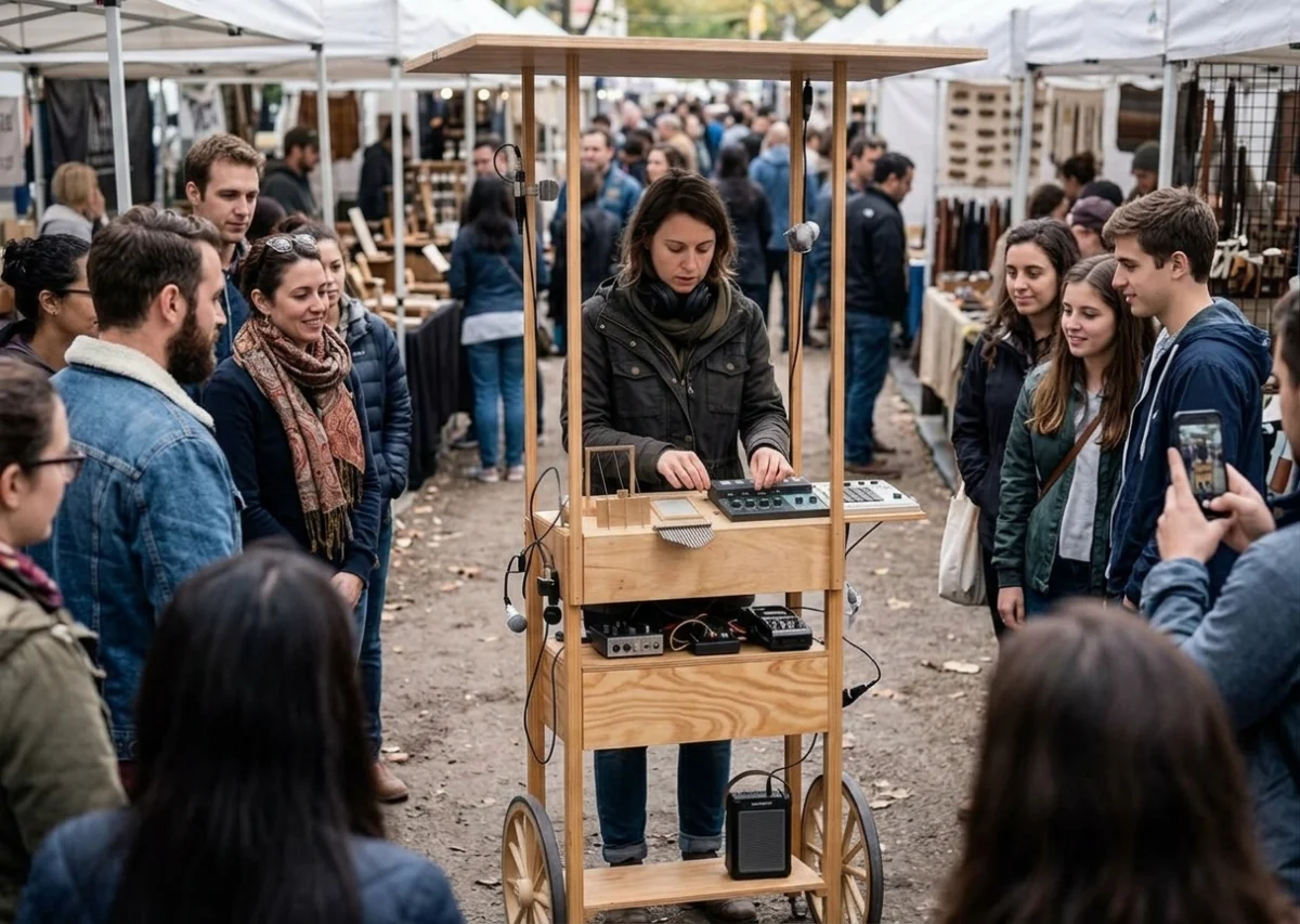 AI-generated scene: a performer plays the Foley-Bus cart at an outdoor market while a crowd gathers