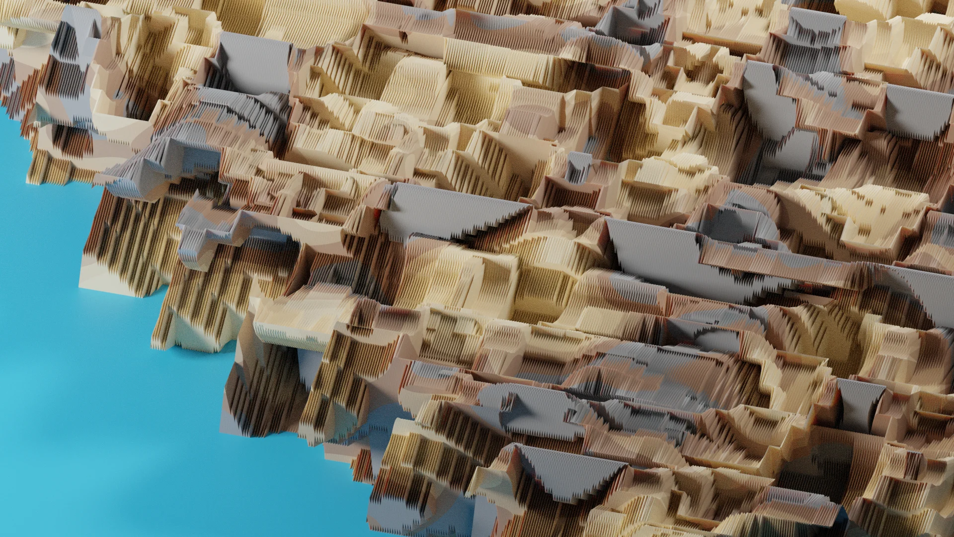 Texture study: stepped, sliced terrain meeting a blue ground, 3D render