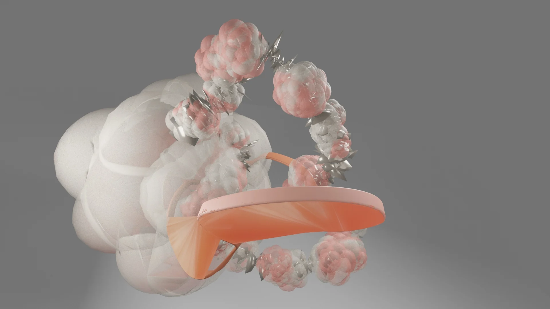 Workout, first camera: translucent coral clusters ringing a sculpted form, 3D render