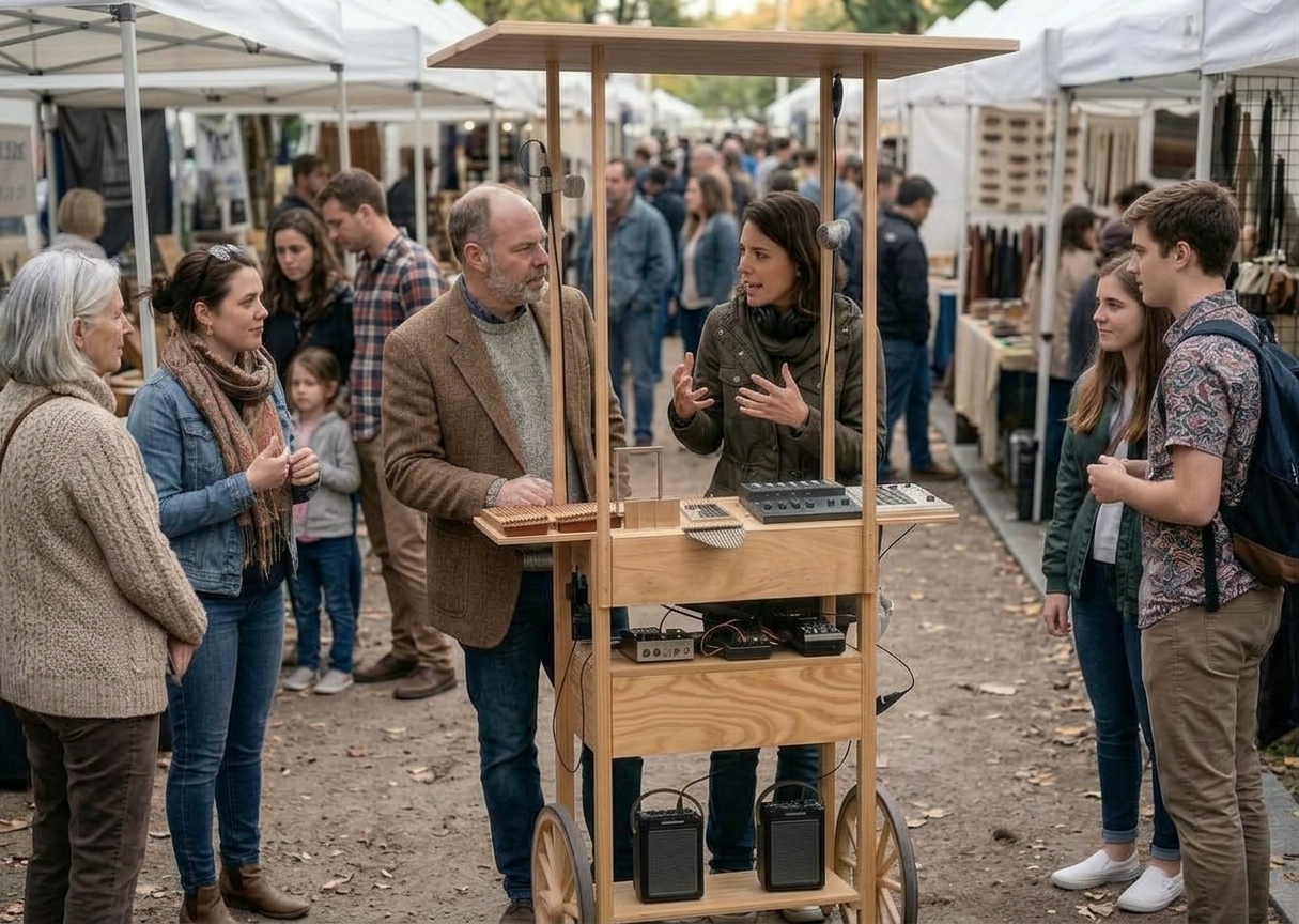 AI-generated scene: the performer explains the Foley-Bus cart to a small crowd at an outdoor market
