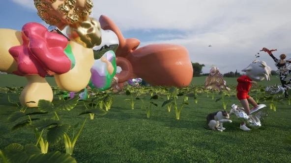 Still from Wing Possibility: large glossy figures and small motionless characters in a green field