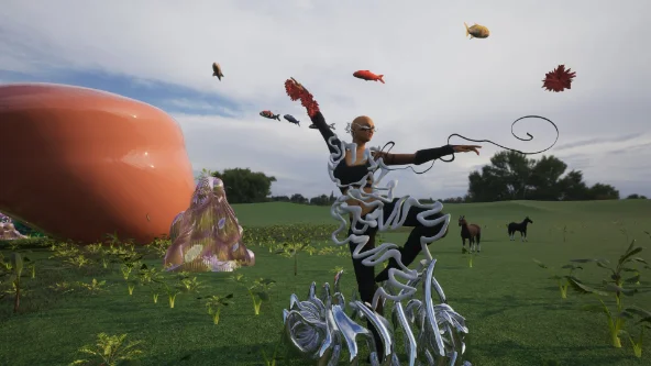 Still from Wing Possibility: a figure in a chrome wearable poses in a field while fish float in the sky