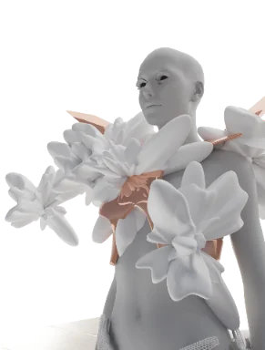 Wearable sculpture: white flower forms and copper plates across a figure's shoulders
