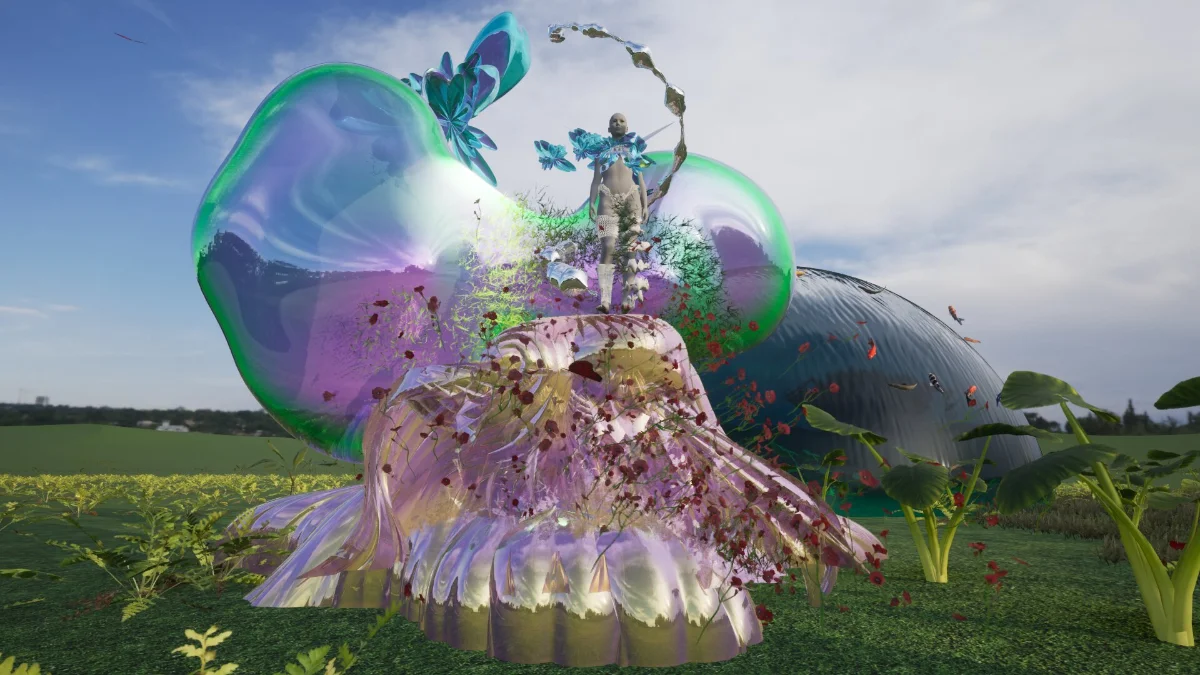 Still from Wing Possibility: a figure stands on an iridescent winged sculpture in a green field